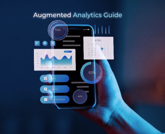 Hand holding smartphone displaying augmented analytics interface with charts, calendar, and data visualizations titled "Augmented Analytics Guide."