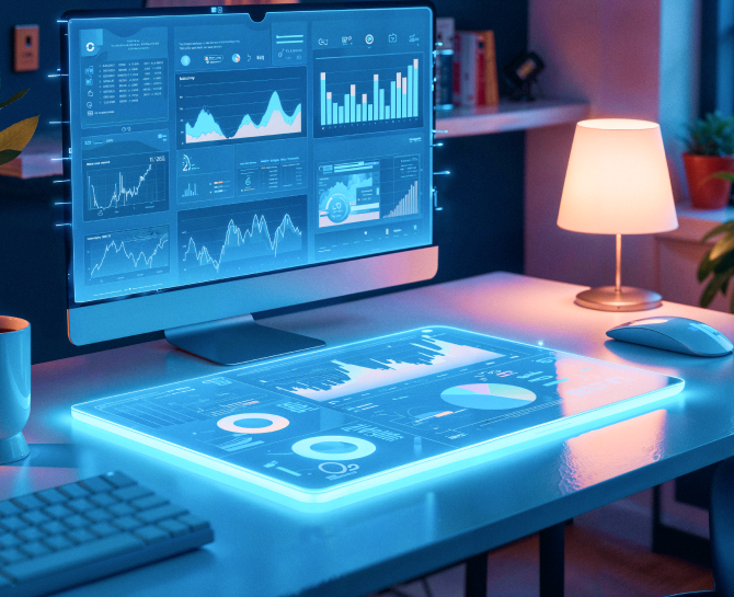A futuristic workspace with a glowing digital desk displaying charts and graphs. A monitor shows more graphs, and a lamp provides warm ambient light.