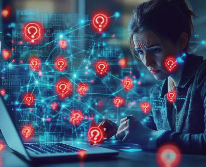 Person using laptop surrounded by digital question marks and data graphics, symbolizing online queries and information processing.