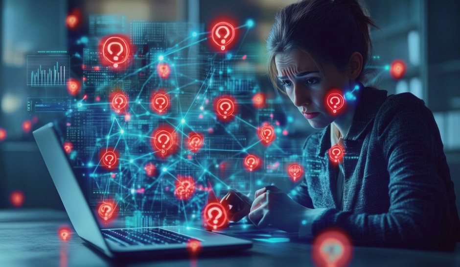 Person using laptop surrounded by digital question marks and data graphics, symbolizing online queries and information processing.