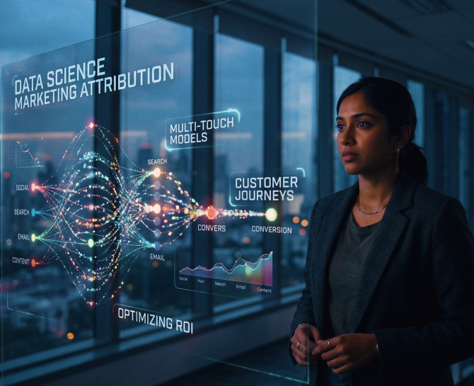 Person standing by a window with holographic data science marketing attribution visuals and graphs about customer journeys and ROI.