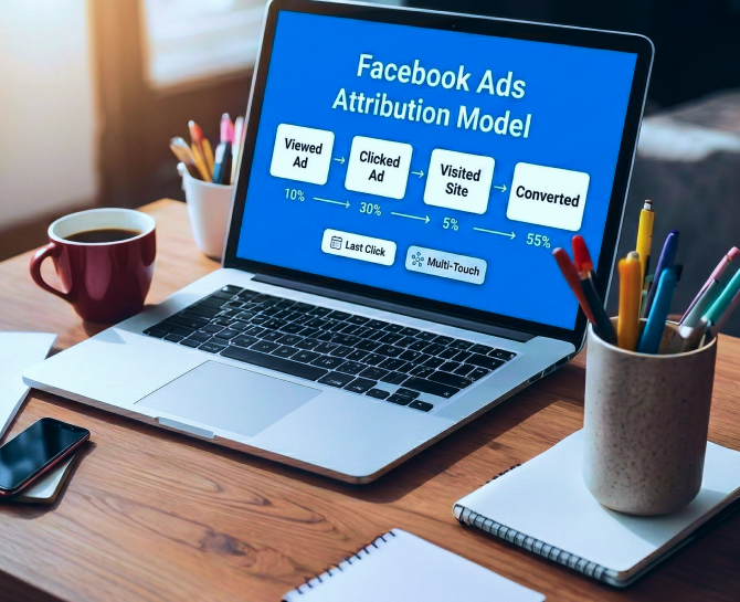 Laptop on desk displaying a Facebook Ads Attribution Model flowchart showing stages from viewed ad to conversion percentages.