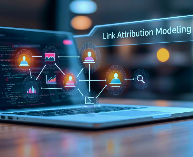 Laptop displaying a digital network diagram with icons of users, charts, and files linked, titled "Link Attribution Modeling."