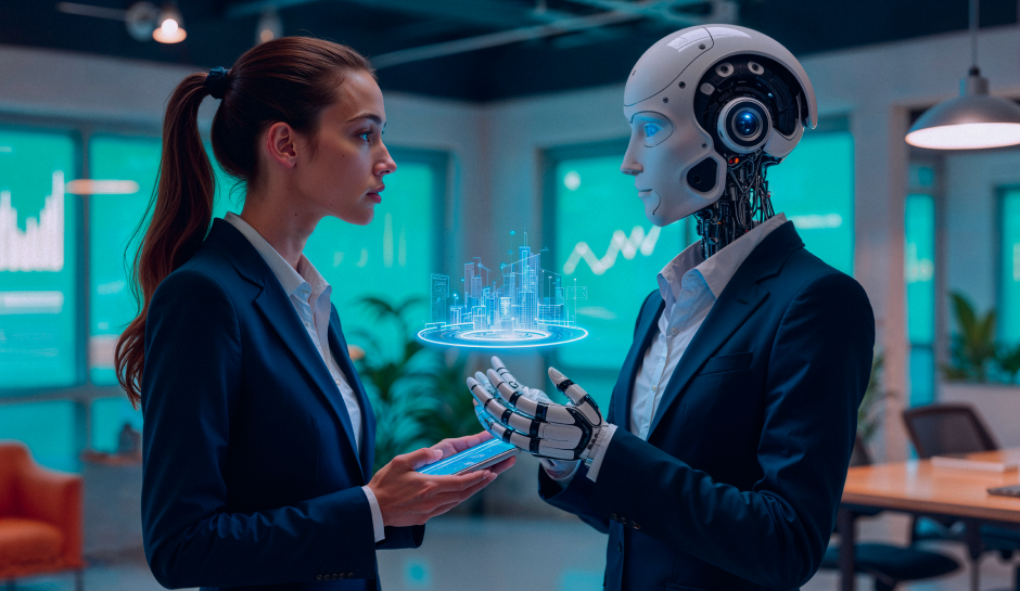 A businesswoman and a humanoid robot converse in an office, focused on a holographic cityscape between them. The scene conveys futuristic collaboration.