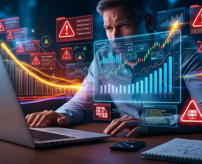 Person using a laptop surrounded by digital charts, graphs, and red alert warnings indicating system errors and data fluctuations.