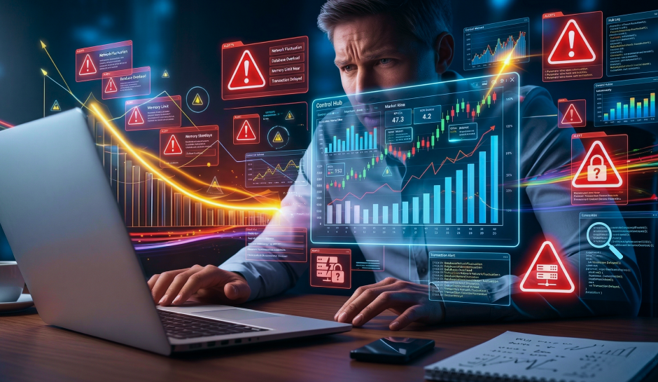 Person using a laptop surrounded by digital charts, graphs, and red alert warnings indicating system errors and data fluctuations.