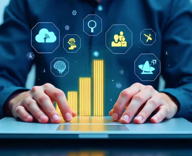 Hands typing on a laptop with glowing yellow bar graphs and blue icons above, symbolizing data analysis and technology.