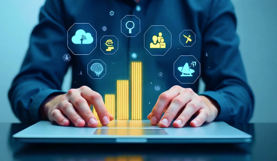 Hands typing on a laptop with glowing yellow bar graphs and blue icons above, symbolizing data analysis and technology.