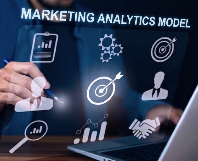 Marketing analytics model interface with icons of charts, target, gears, person, magnifying glass, and handshake on a blurred background.
