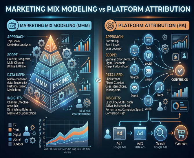 Infographic comparing Marketing Mix Modeling (MMM) and Platform Attribution (PA). Shows approaches, scopes, data used, insights, and visual graphs.