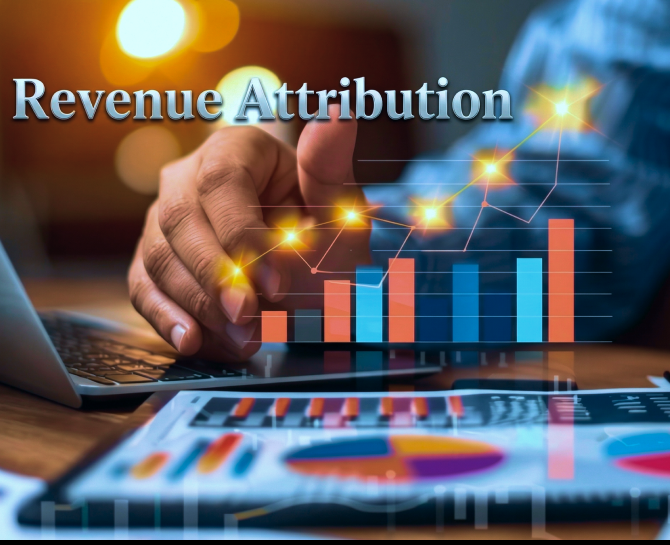 Hand interacting with a digital revenue attribution chart showing rising bar and line graphs over a laptop and printed charts.