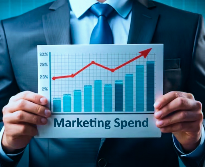 A person in a suit holds a chart labeled "Marketing Spend" with ascending blue bars and a red upward trend line, indicating growth.