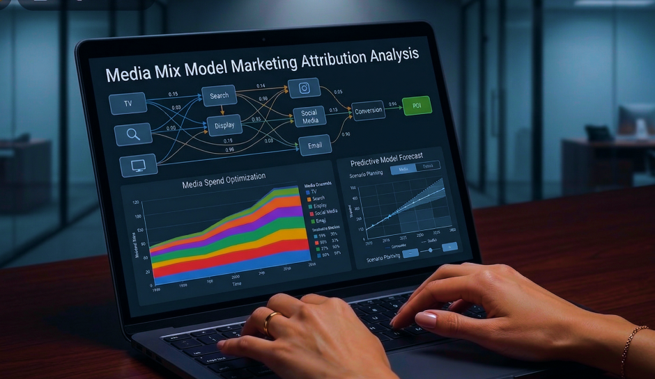 Laptop screen displaying a Media Mix Model Marketing Attribution Analysis with flow diagrams, a colorful media spend chart, and a predictive forecast graph.