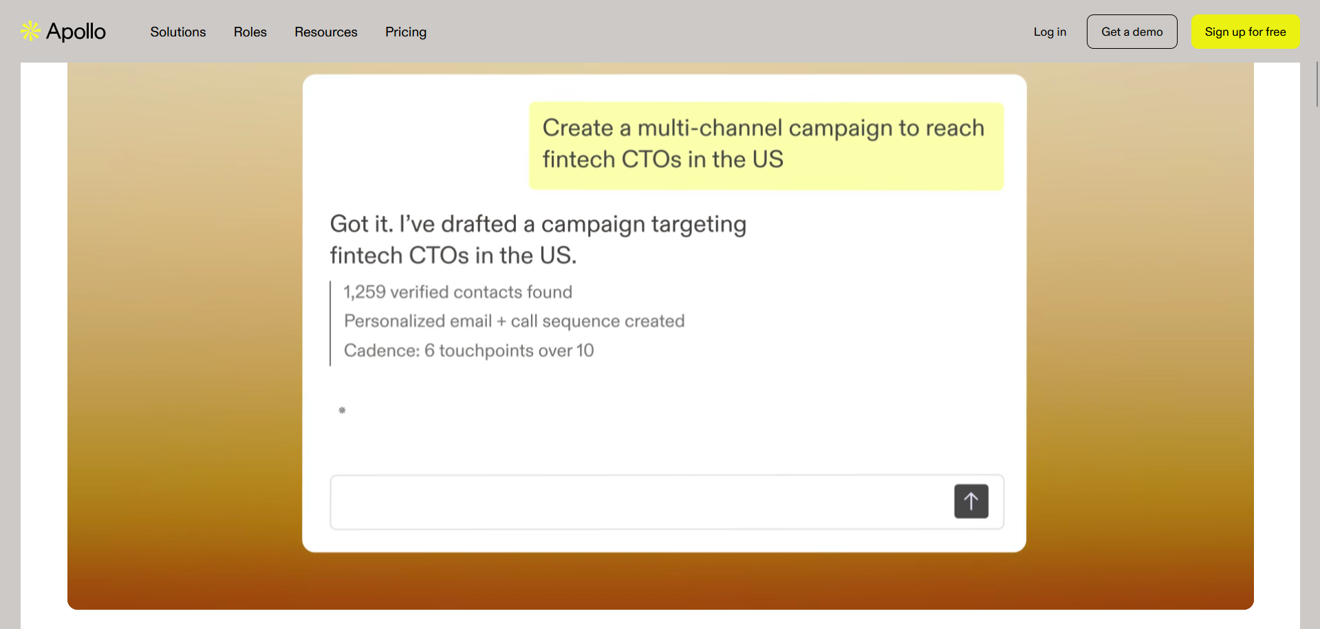 Screenshot of Apollo's interface showing a drafted multi-channel campaign targeting 1,259 fintech CTOs in the US with personalized outreach.