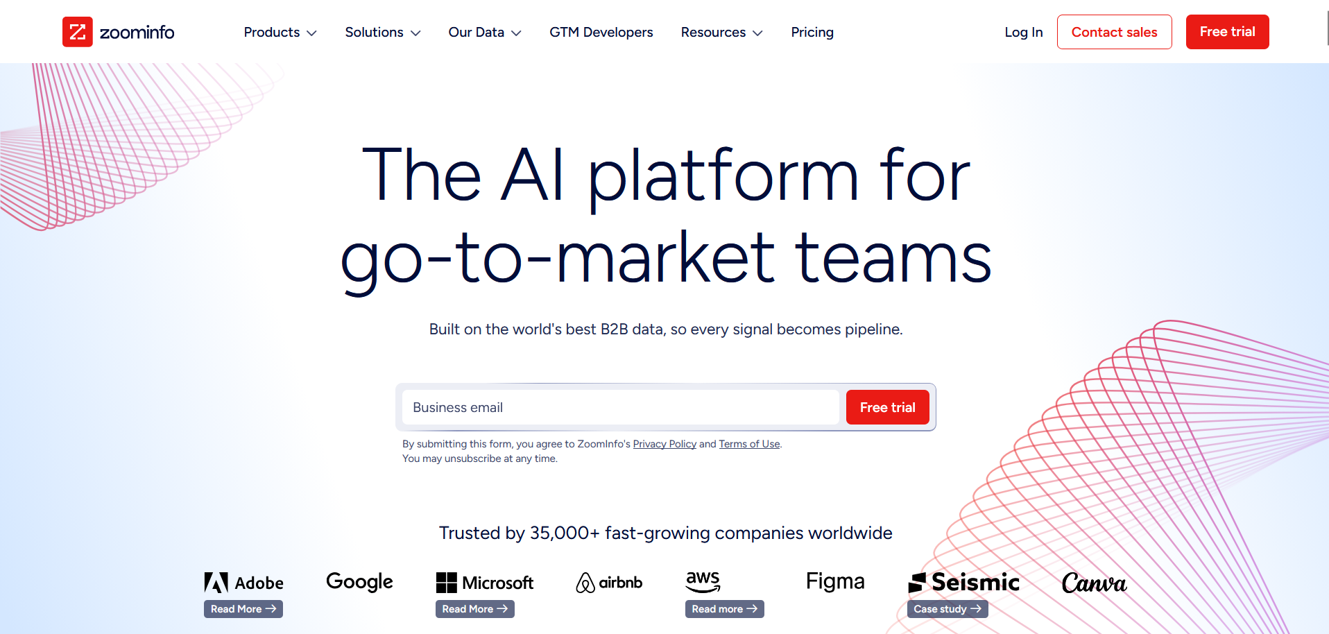 ZoomInfo AI platform for go-to-market teams; offers B2B data, free trial sign-up, and trusted by 35,000+ companies including Adobe, Google, Microsoft, and AWS.