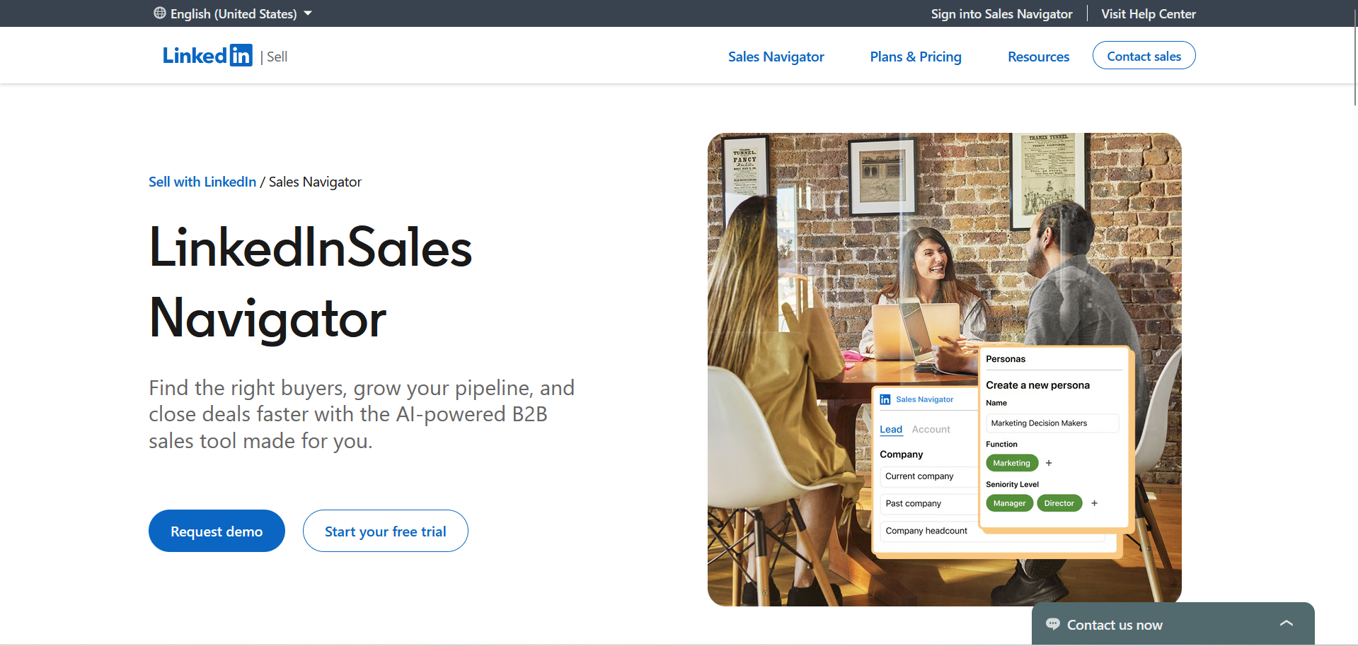 Screenshot of LinkedIn Sales Navigator page showing a team meeting and options to request a demo or start a free trial.
