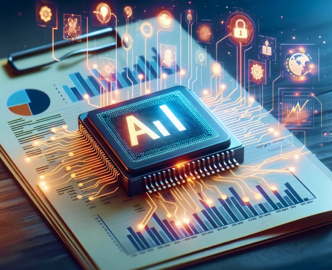 AI microchip with glowing circuit lines overlaid on data charts, symbolizing advanced technology and artificial intelligence integration.