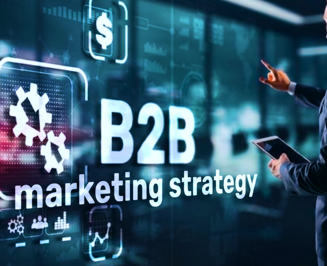 Business professional interacting with a digital interface displaying "B2B marketing strategy" and related icons.
