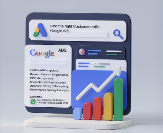 3D graphic of a Google Ads interface showing search, ad campaign details, customer contacts, and a rising bar graph with an upward arrow.