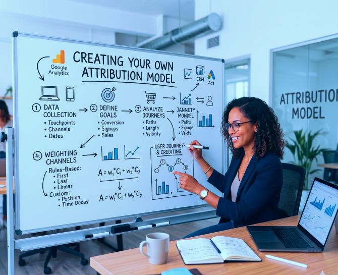 A woman explains creating an attribution model on a whiteboard with charts, formulas, and steps involving data collection and analysis.