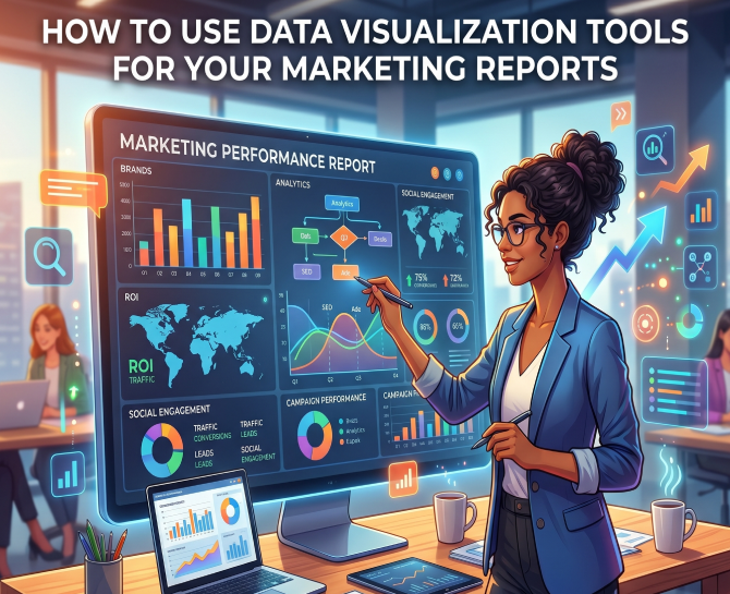 Woman presenting marketing performance data with colorful charts and graphs on a large screen in a modern office setting.