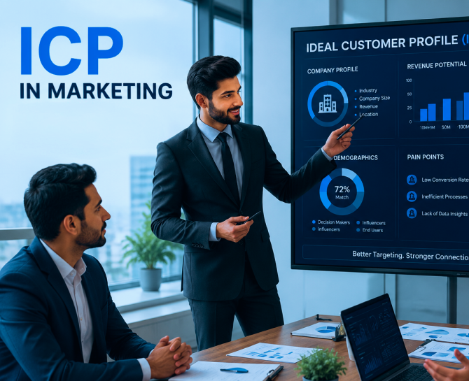 Two men in business attire discuss an ICP in marketing presentation, featuring charts and data on a screen in a modern office setting.