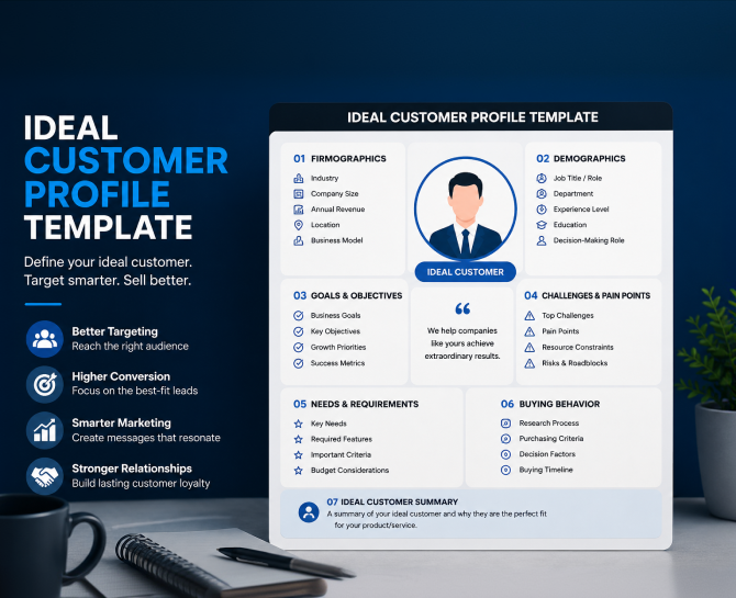 Template outlining ideal customer profile with sections on firmographics, demographics, goals, challenges, needs, buying behavior, and summary for better targeting.