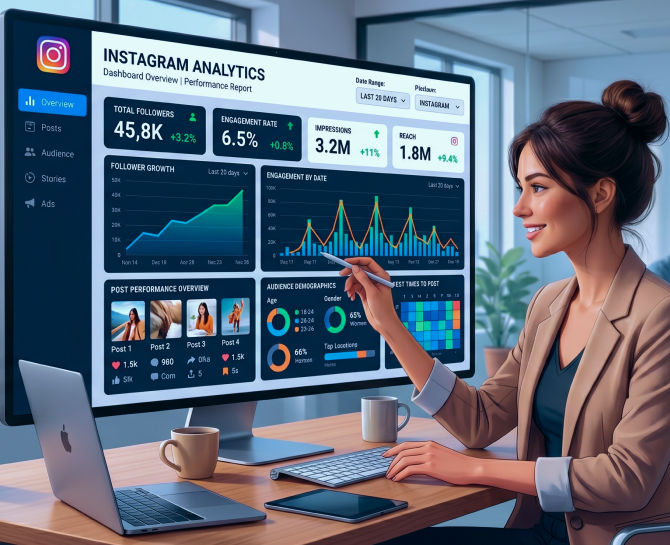 Young woman analyzing Instagram analytics dashboard on a large monitor in a modern office setting with laptop and coffee cups nearby.