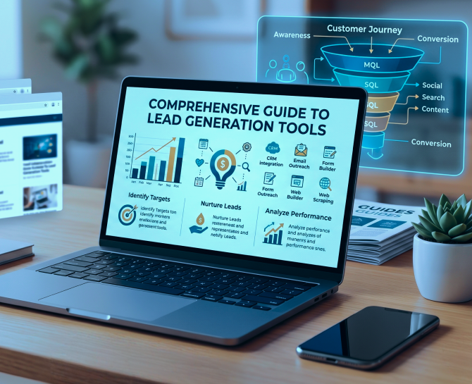 Laptop screen showing a guide to lead generation tools with sections on identifying targets, nurturing leads, and analyzing performance.