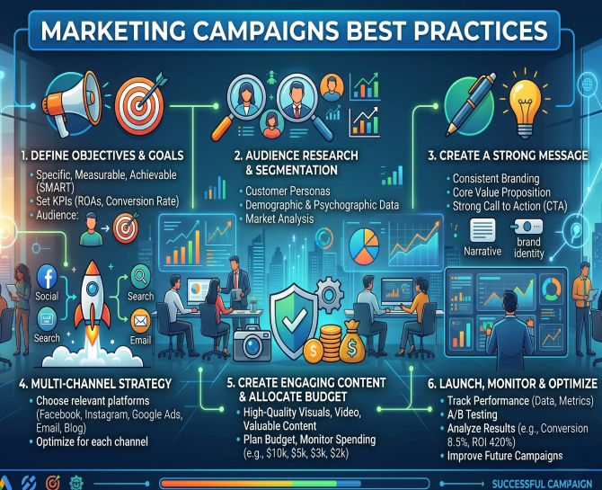 Infographic outlining six best practices for marketing campaigns including goal setting, audience research, messaging, multi-channel strategy, content creation, and optimization.