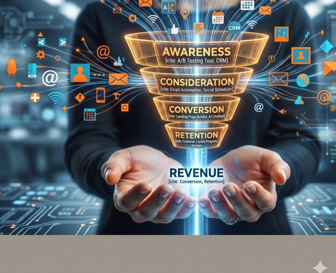 Hands holding a digital marketing funnel illustrating awareness, consideration, conversion, retention, and revenue stages with related icons.