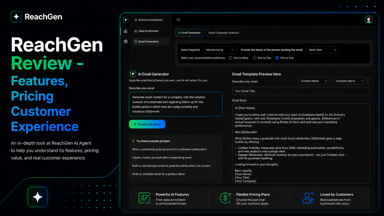 Screenshot of ReachGen AI Email Generator interface showing email template creation, features, pricing, and customer experience overview.