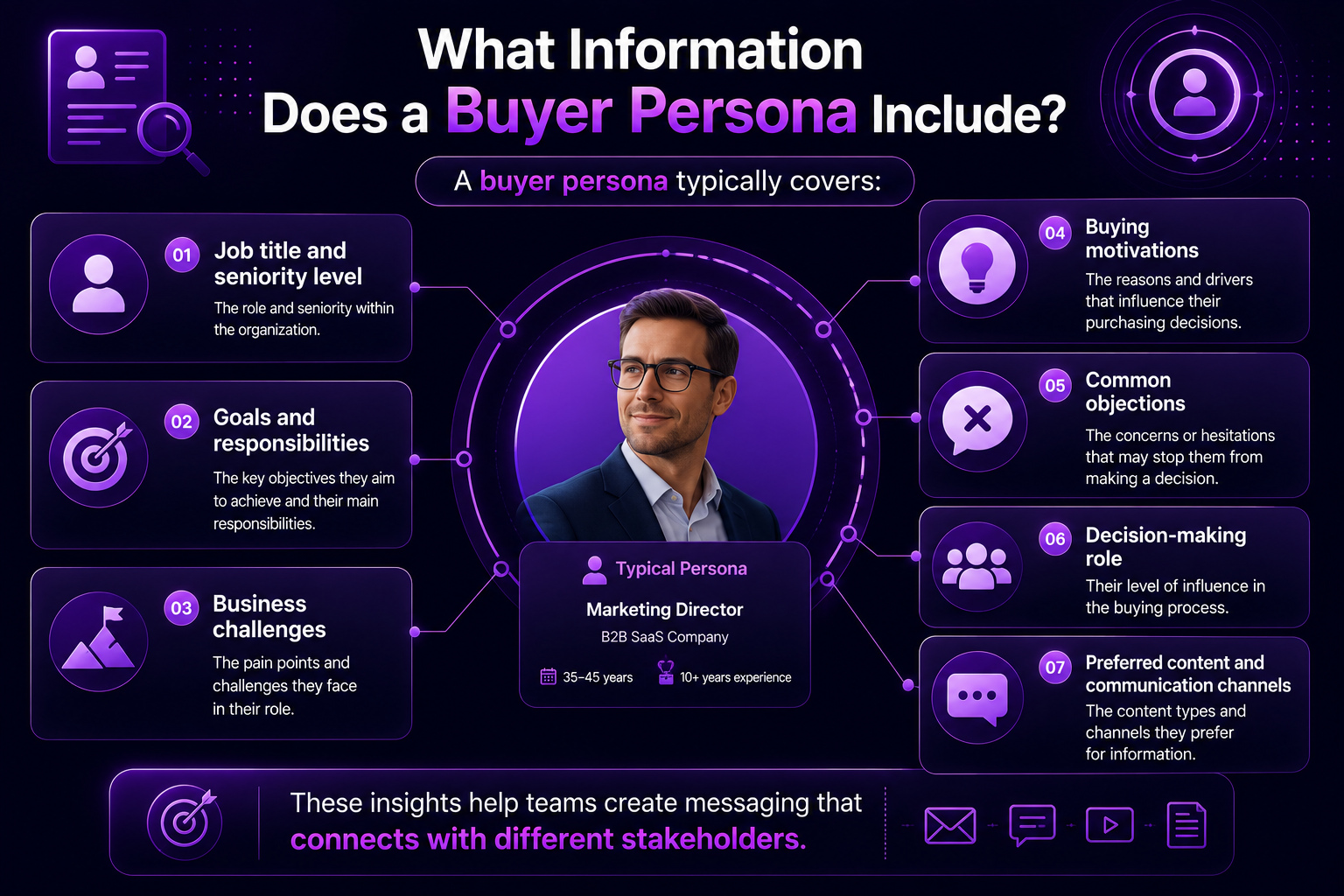 Infographic outlining buyer persona info: job, goals, challenges, motivations, objections, decision role, and preferred content channels.