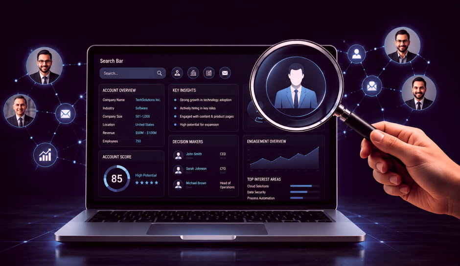 Laptop screen showing business analytics and decision makers, with a hand holding a magnifying glass over a profile icon, connected to others.