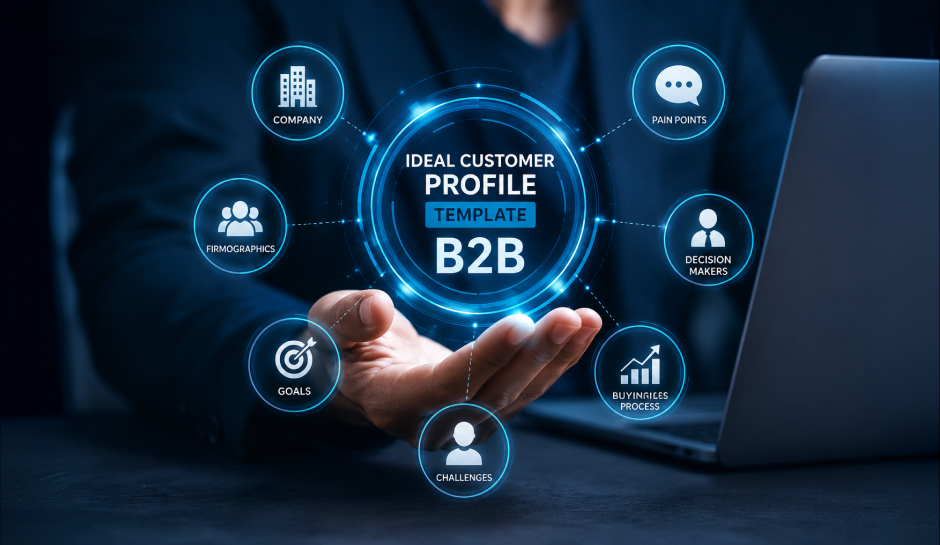 B2B Ideal Customer Profile template showing seven components: company, firmographics, goals, challenges, buying process, decision makers, and pain points.