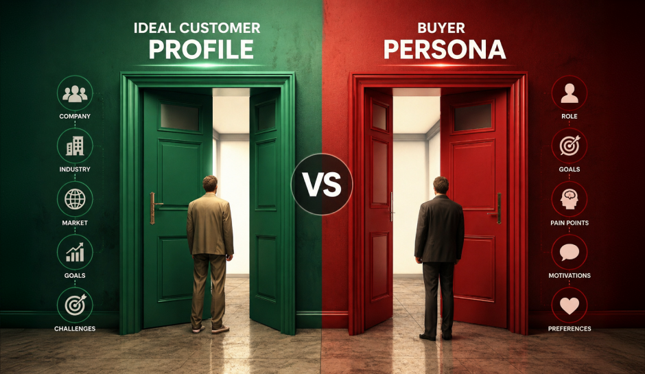 Ideal Customer Profile vs Buyer Persona comparison: ICP covers company, industry, market, goals, and challenges; buyer persona covers role, goals, pain points, motivations, and preferences.