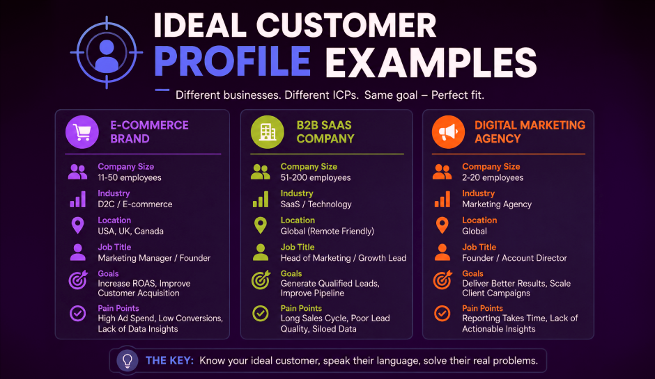 Infographic showing ideal customer profiles for e-commerce, B2B SaaS, and digital marketing agencies, highlighting company size, industry, goals, and pain points.