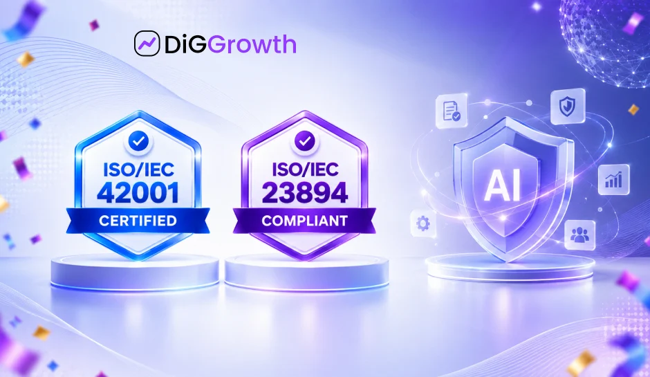 DiGGrowth displaying ISO/IEC 42001 Certified, ISO/IEC 23894 Compliant badges, and an AI shield icon with technology symbols.