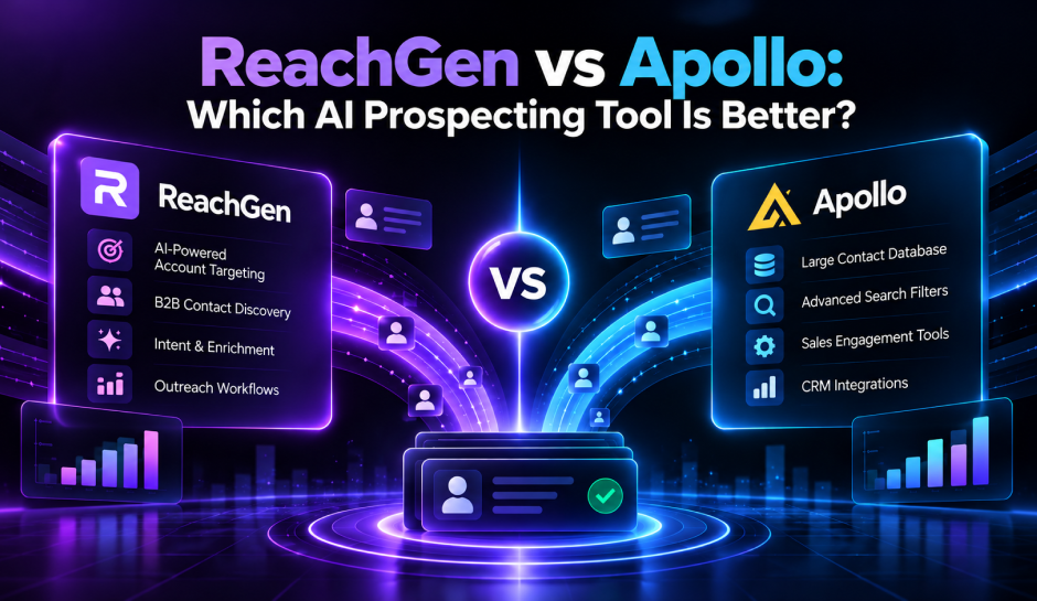 Promotional graphic comparing ReachGen and Apollo AI prospecting tools, highlighting their features with a glowing VS symbol.