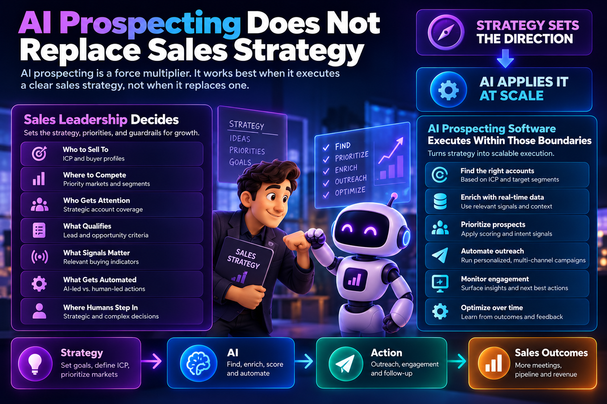 Infographic contrasts human sales strategy with AI execution, showing a person beside a friendly robot and a flow from strategy to AI to action and sales outcomes. The tone is optimistic and collaborative.