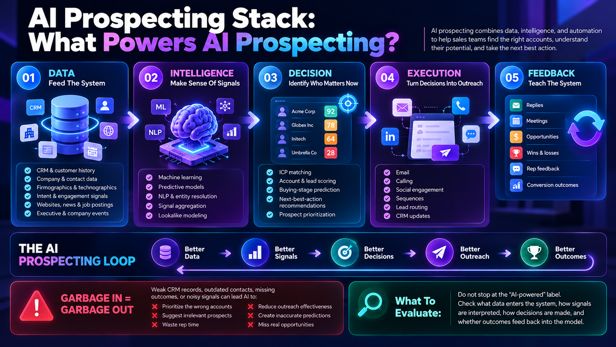 Neon-blue infographic maps five AI prospecting stages—data, intelligence, decisions, execution, and feedback—in a looping process.
