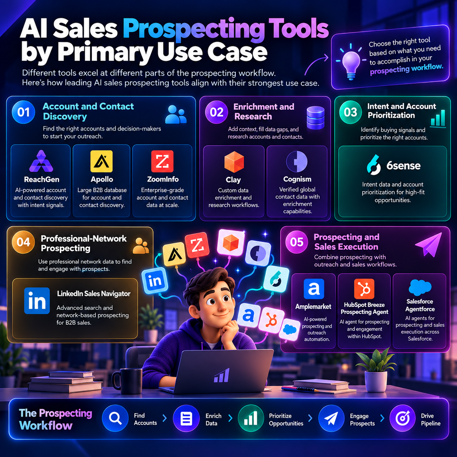 A neon-purple infographic guides viewers through five AI sales prospecting tool categories, with software logos, a workflow, and a young professional using a laptop.