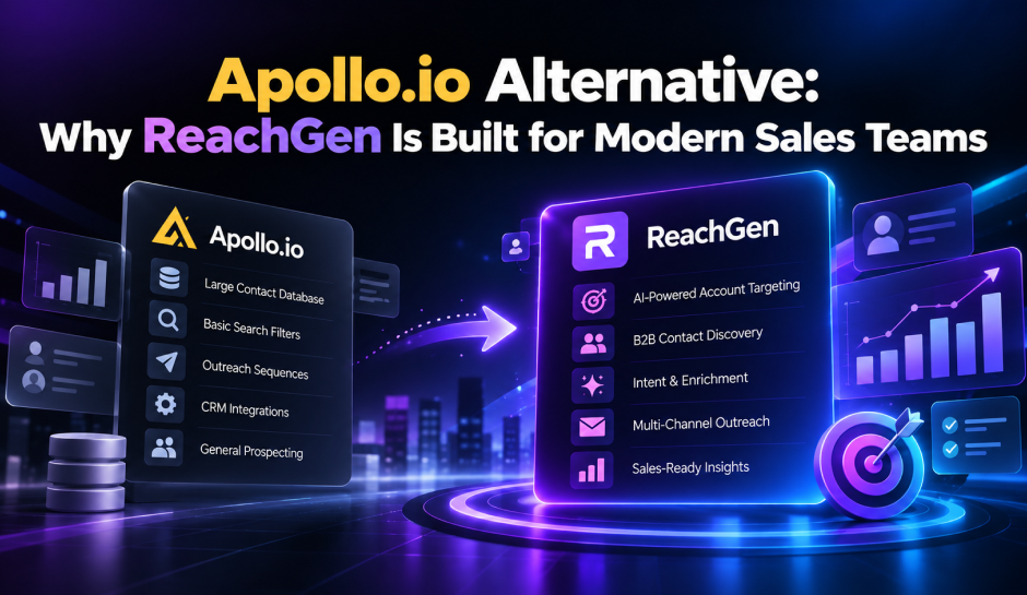 Graphic comparing Apollo.io and ReachGen, highlighting ReachGen’s AI-powered targeting, contact discovery, outreach, and sales insights.