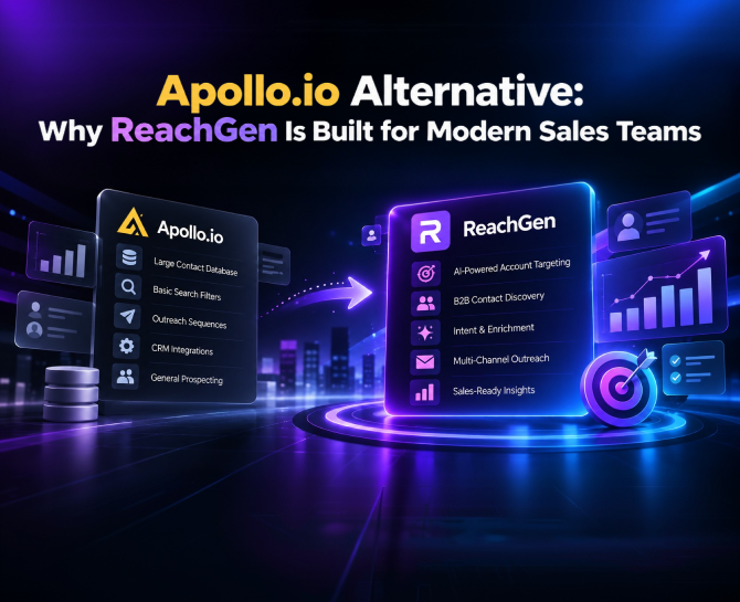 Graphic comparing Apollo.io and ReachGen, highlighting ReachGen’s AI-powered targeting, contact discovery, outreach, and sales insights.