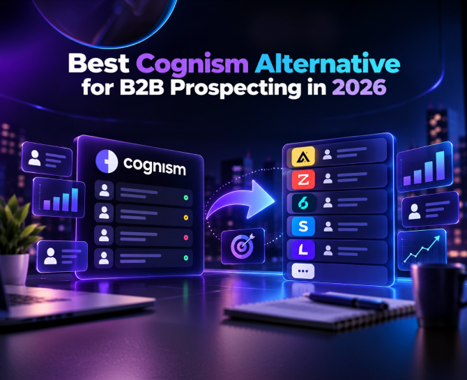 A purple-and-blue “Cognism Alternative Evaluation Checklist” infographic guides enterprise teams through seven evaluation steps, with checklists, scorecards, and charts. Its polished tone emphasizes strategic priorities over feature lists.