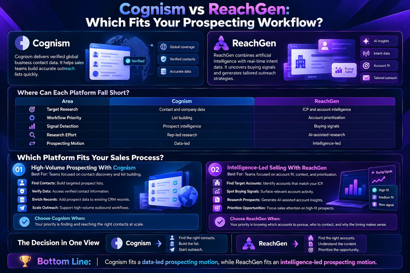 Infographic comparing Cognism and ReachGen for sales prospecting, with feature tables and workflow strengths; a polished, data-driven tone highlights their differences.
