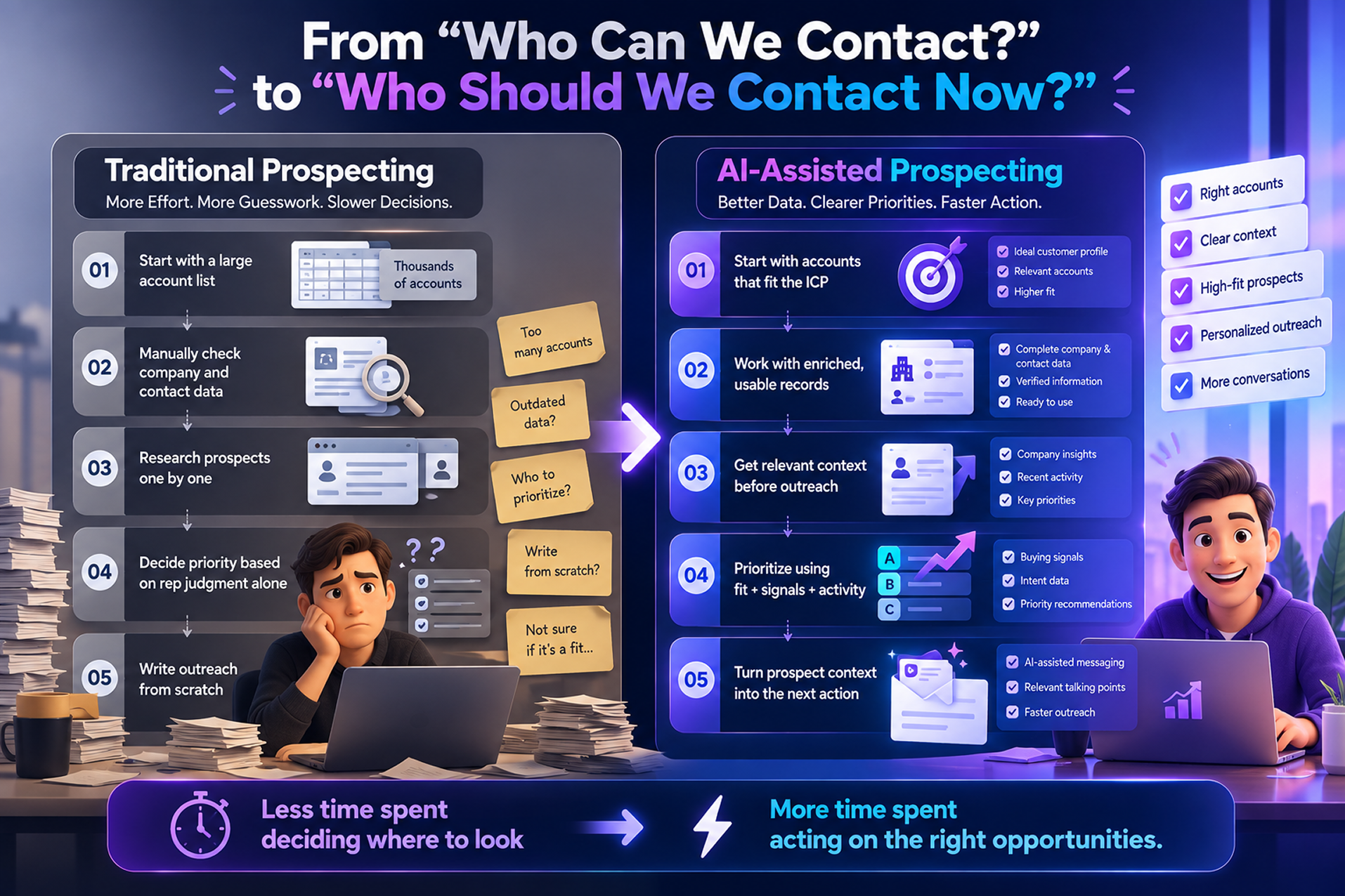 Infographic comparing traditional prospecting with AI-assisted prospecting, emphasizing faster, prioritized outreach to high-fit accounts.