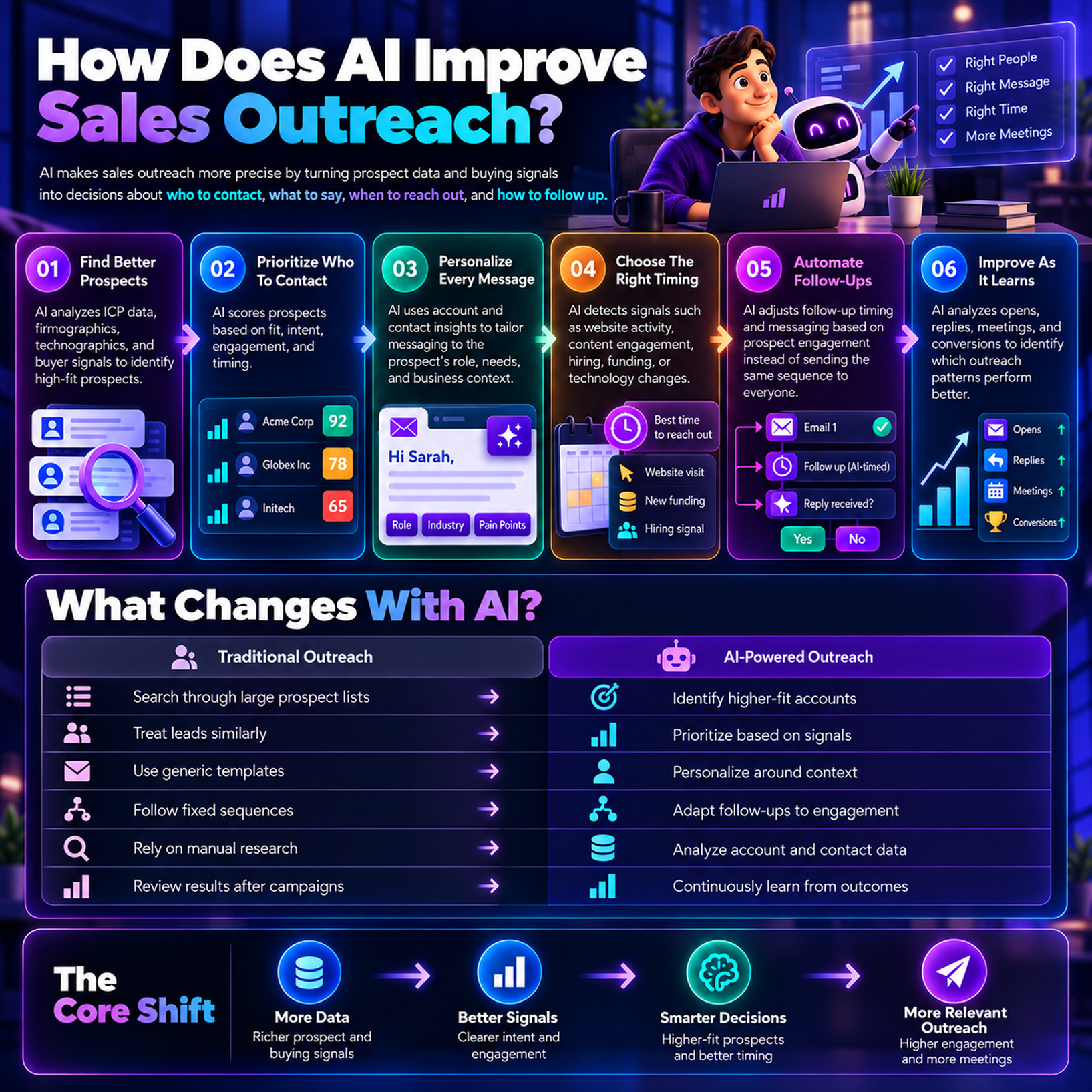 A colorful infographic titled “How Does AI Improve Sales Outreach?” shows an AI assistant and six steps for smarter prospecting, personalization, follow-ups, and learning, plus a comparison of traditional and AI-powered outreach. The tone is upbeat and futuristic.