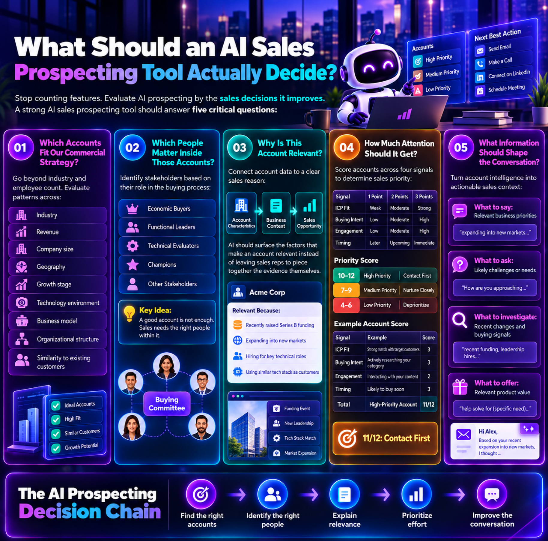 An infographic titled “What Should an AI Sales Prospecting Tool Actually Decide?” shows a robot beside a five-step guide: choose accounts, identify people, assess account relevance, prioritize attention, and shape conversations. Glowing purple-and-blue panels list criteria, examples, and a decision chain, giving the image a futuristic, instructional tone.