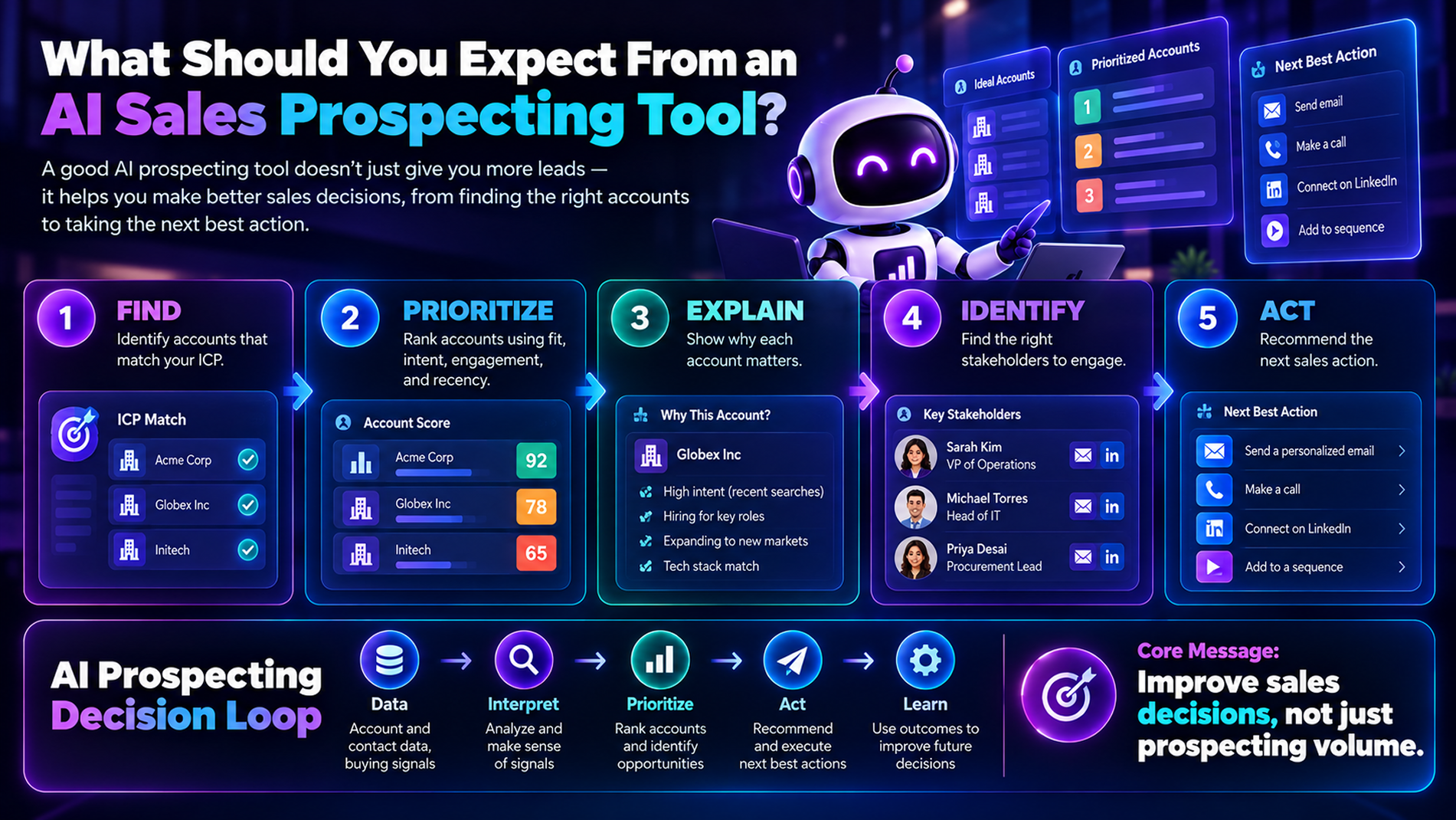 A glowing purple AI robot guides five sales-prospecting steps, from finding and prioritizing accounts to acting, above a circular decision loop.